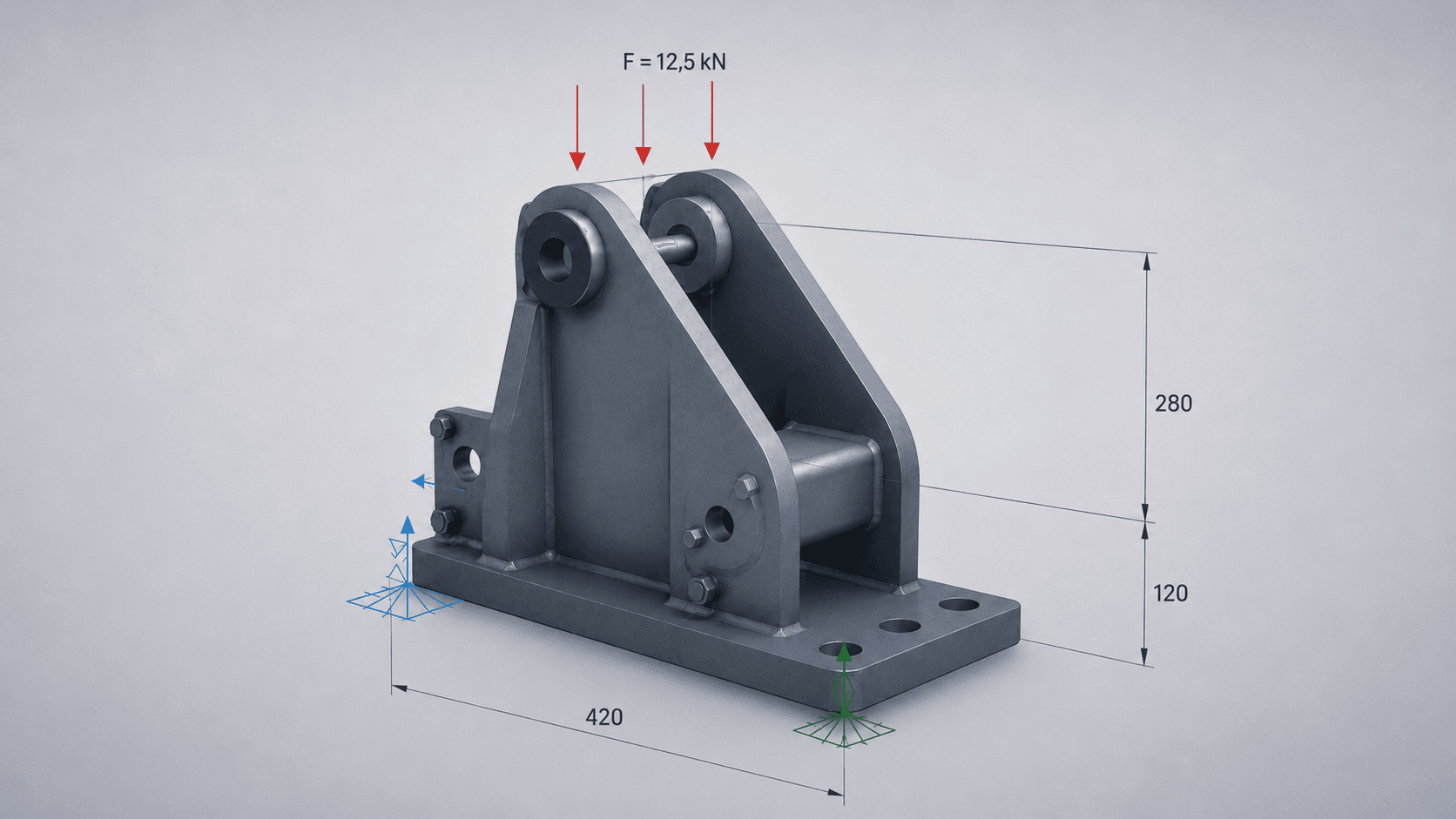 Projeto mecânico do suporte articulado com cargas, apoios e dimensões