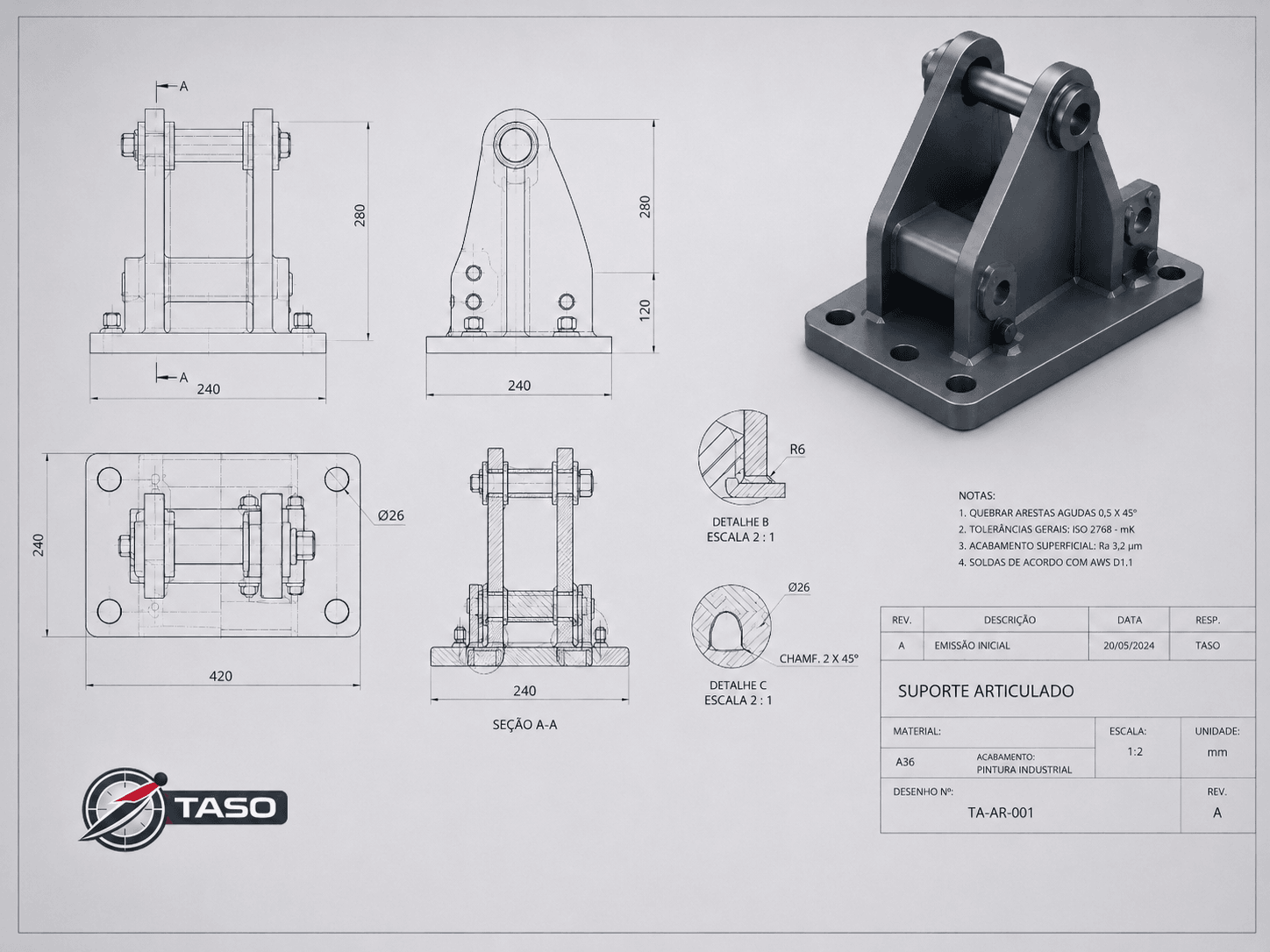 Desenho técnico do suporte articulado com vistas, cortes e detalhes